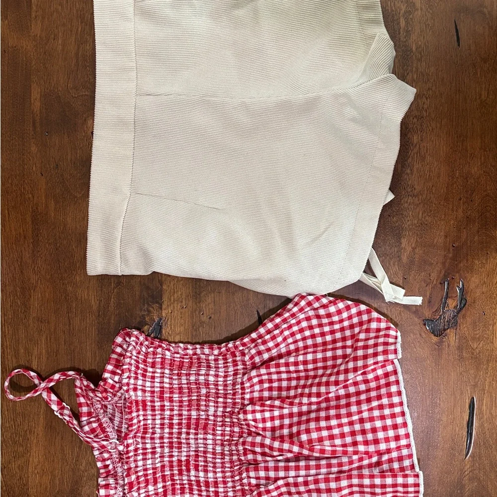 Beige Lace-Up sides shirts with Red Gingham spaghetti strap shirt